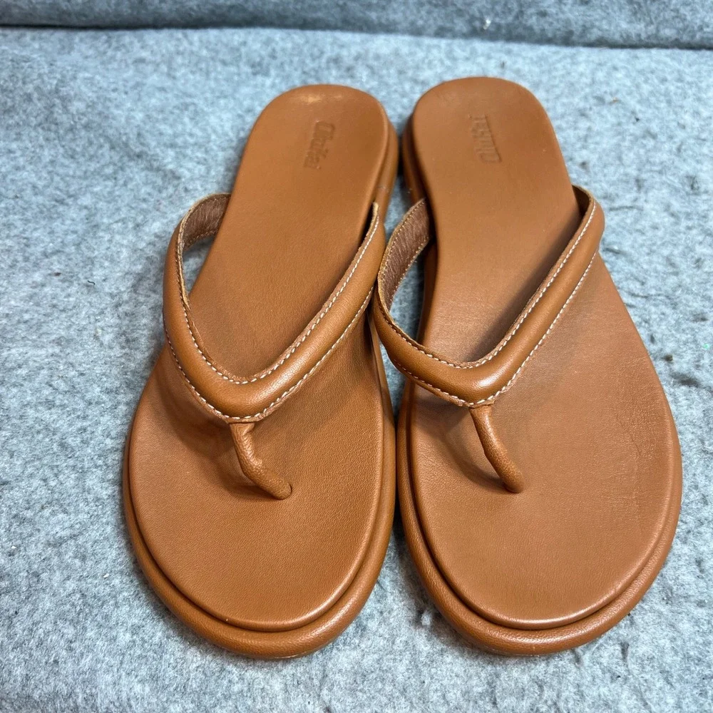 OluKai Honu Tan Brown Leather Flip Flop Thong Sandals Womens Size 10